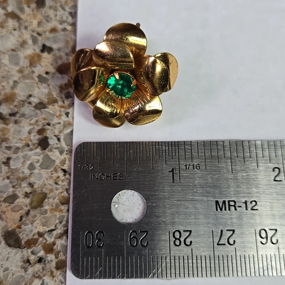 Coro Gold Tone 3D Flower Earrings with Green Stone